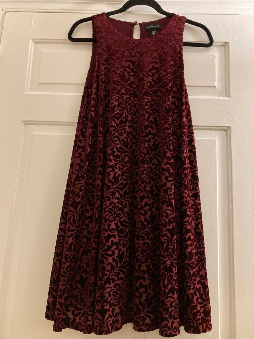 Adrienne Vittadini Burgundy and Black Velvet Burnout Mini Dress, Size XS